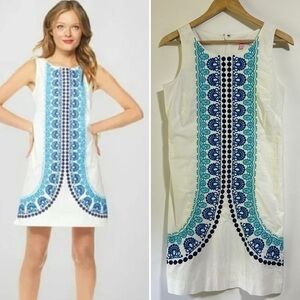 Lilly Pulitzer Stephanie Shift Dress in White Multi Knot blue Embroidered